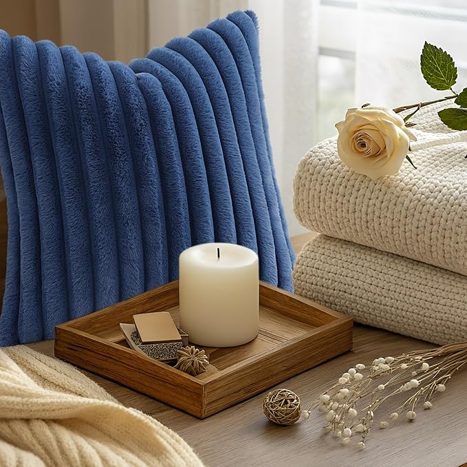decorUhome Fall Faux Fur Throw Pillow Covers 18x18 Set of 2 Decorative Soft Plush Striped Coastal Coastal Modern Farmhouse Boho Couch Pillow Cases with Velvet Back for Sofa Bed Living Room, Blue