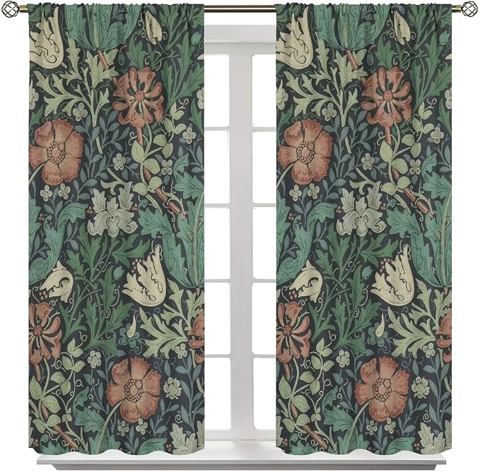 William Morris Flower Blackout Window Curtains, Bohemia Floral Vintage Window Drapes, for Living Room Bedroom 31.5(W)*72(L) 2 Panels