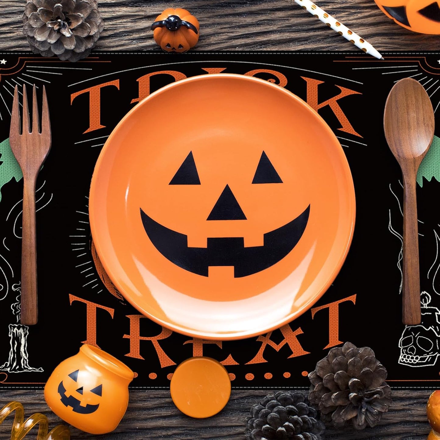 4Pcs Halloween Placemats Pumpkin Bat Black Cat Skeleton Table Mat Vintage Decorative Place Mats for Party Table Setting Decor, 12 x 18 Inch