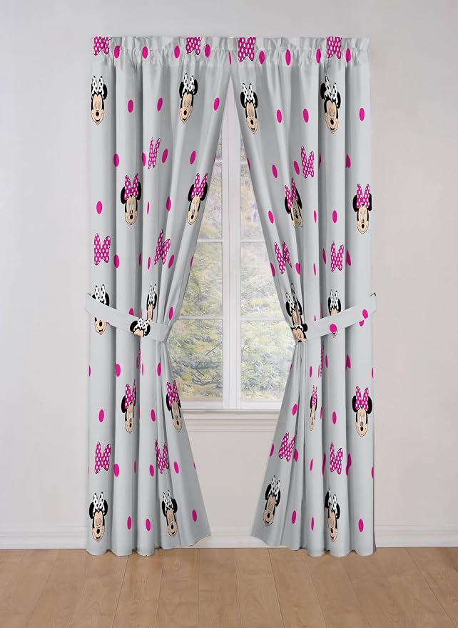 Jay Franco Window Curtains for Kids Bedroom 4-Piece Drape Set with 2 Tiebacks, Grey - Minnie Mouse, 42" W x 84" L (Pack of 2)