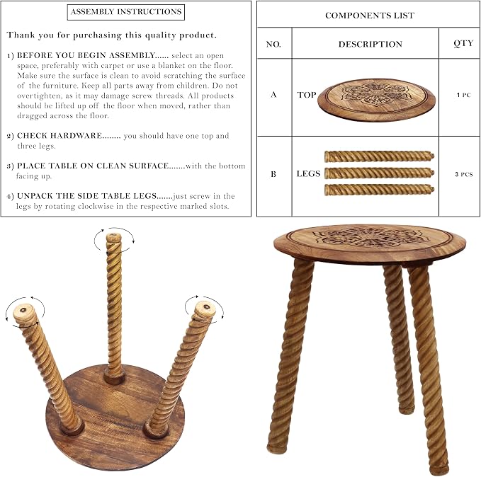 COTTON CRAFT Solid Wood End Table - Hand Carved Accent Table - Global Boho Side Table - Easy to Assemble Round Table - Small Spaces Entryway Living Room Bedside Farmhouse - 18 Inches Round - Natural