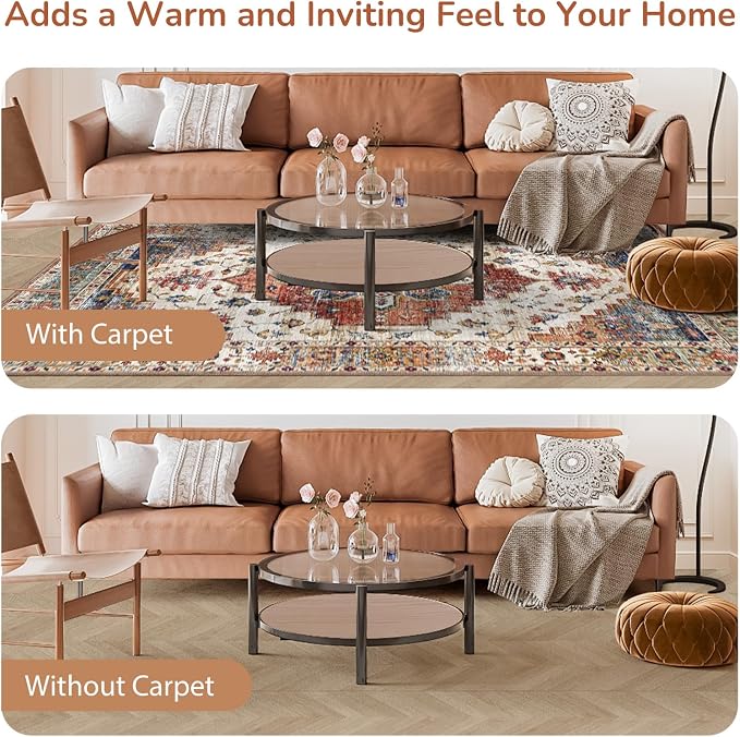 OPPODREAM Living Room Area Rugs, Faux Cashmere Low-Pile Carpet Rug with Non Slip Backing, Printed Decorative, Orange, 5' x 7'(Rectangular)