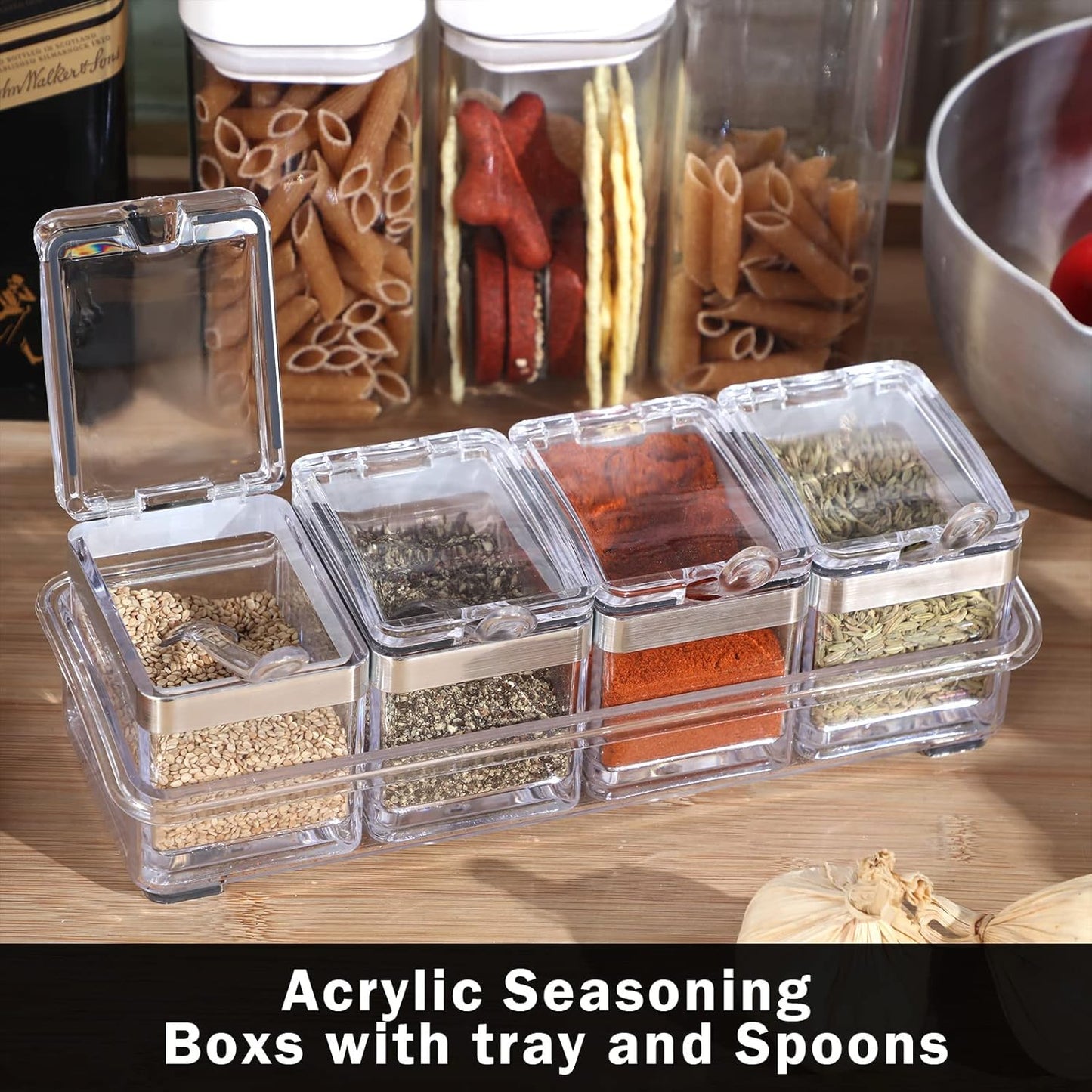 2 Set Acrylic Seasoning Organizer Box 8 Pcs Clear Seasoning Rack Spice Pots Condiments Containers with Lids and Spoons Storage Container Spice Jar for Salt Sugar Cruet Kitchen Cooking Organizer
