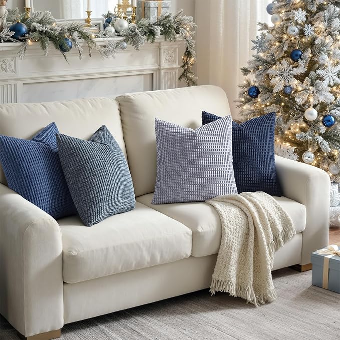 MIULEE Farmhouse Decorative Pillow Covers 18x18 Inch Set of 4 Coastal Blue | Boho Western Farmhouse Home Decor Couch Throw Pillows Summer Coastal Corduroy Pillowcases Industrial for Sofa Living Room Bed