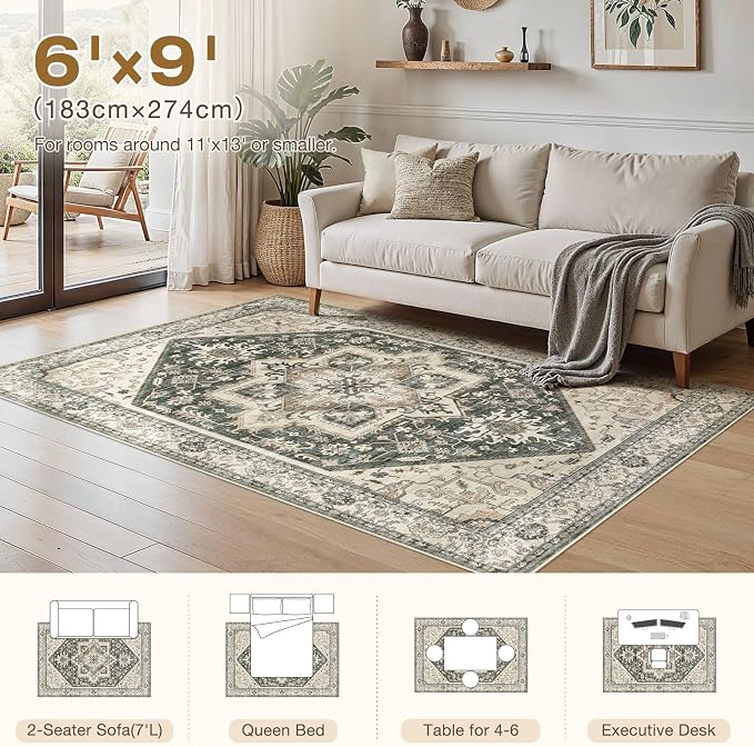 Area Rug for Living Room - 6x9 Washable Oriental Vintage Floral Large Soft Carpet - Fade Stain Resistant Non Slip Rugs for Bedroom Dining Room Nursery Dorm Office Home Decor - Vintage Green