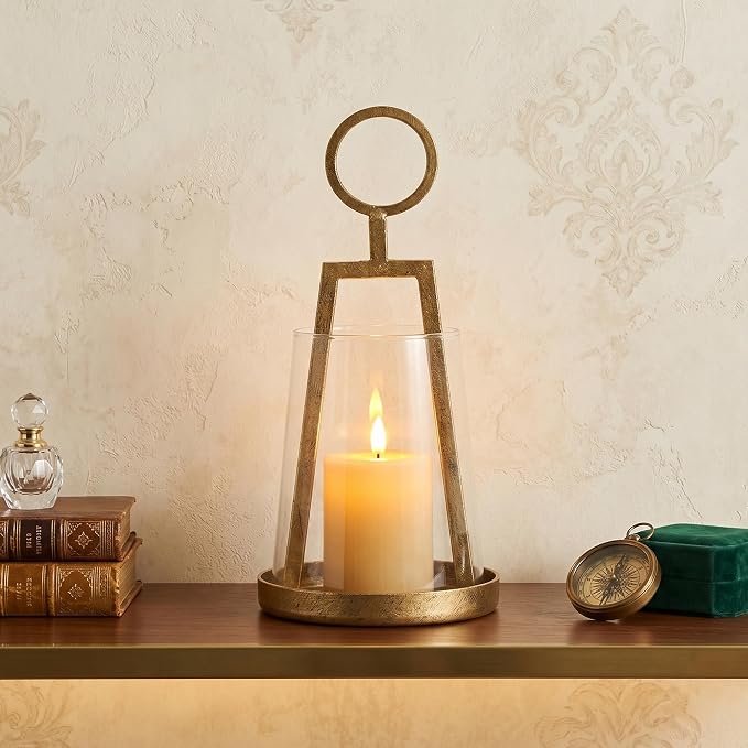 Small Farmhouse Hurricane Candle Holder (4.3" W x 9.2" H), Antique Brass Metal Lantern with Clear Glass Sleeve, Compact Tabletop Decor for Pillar Candles & Small Plants