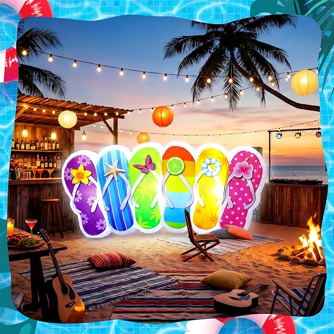 VIHOSE 5 FT Summer Inflatable Flip Flop Blow Up Slipper with Built in LED Lights Oversized Party Decoration for Pool Beach Lawn Yard Hawaiian Luau Tropical