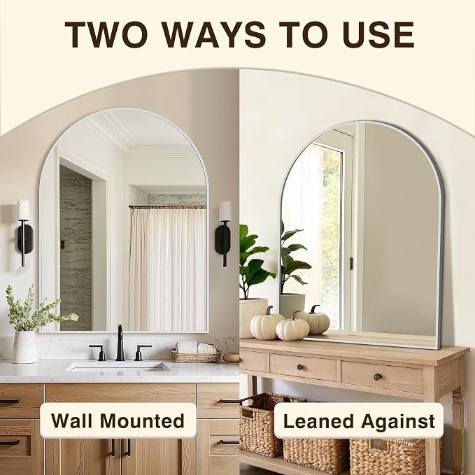 Bathroom Vanity Mirror for Wall, 40”x30” Arched Bathroom Mirror for Over Sink, Arched Metal Frame for Bedroom, Living Room, Entryway, Hanging or Leaning, Silver