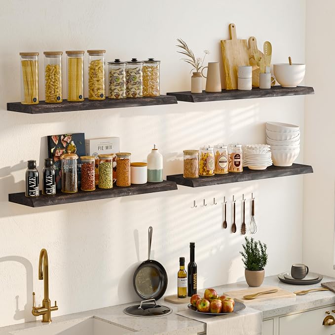 Fun Memories Floating Shelves for Wall Set of 2, Rustic Solid Elm Wood Live Edge Wall Shelves 32 Inch - Invisible Bracket Mount for Living Room, Bathroom, Bedroom, Kitchen, Walnut