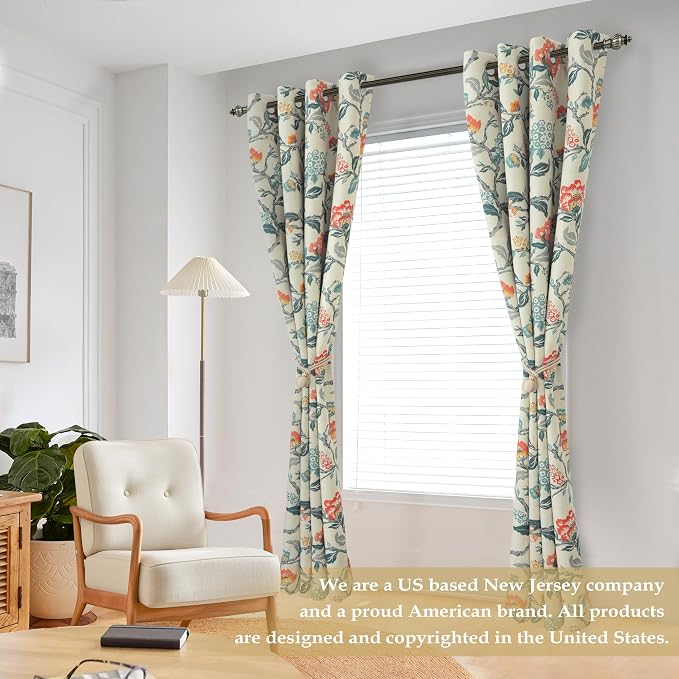 DriftAway Ada Floral Botanical Print Flower Leaf Lined Thermal Insulated Room Darkening Blackout Window Curtains 2 Layers Set of 2 Panels Each 52 Inch by 96 Inch Linen Orange Teal