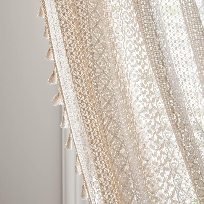 Sutuo Home Boho Curtains Crochet Lace Sheer Bohemian Stylish with Tassels, Window Treatment Privacy Vintage Rustic Farmhouse Drapes for Bedroom Living Room, Rod Pocket 1 Panel 59" W x 102" L, Beige