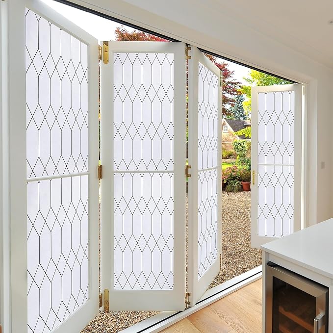Windimiley Window Privacy Film Stained Glass Static Clings, Bathroom Frosted Leaded Decorative Window Stickers, UV Heat Blocking Opaque Removable for Home Door Coverings (23.6 x 78.7 in,White)