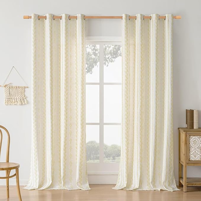 BGment Mustard Yellow Vintage Floral Linen Curtains for Farmhouse - Boho Curtains 96 Inch Long Light Filtering Window Drapes for Country Rustic Living Room, Each 52 Inch Wide, 2 Panels Set