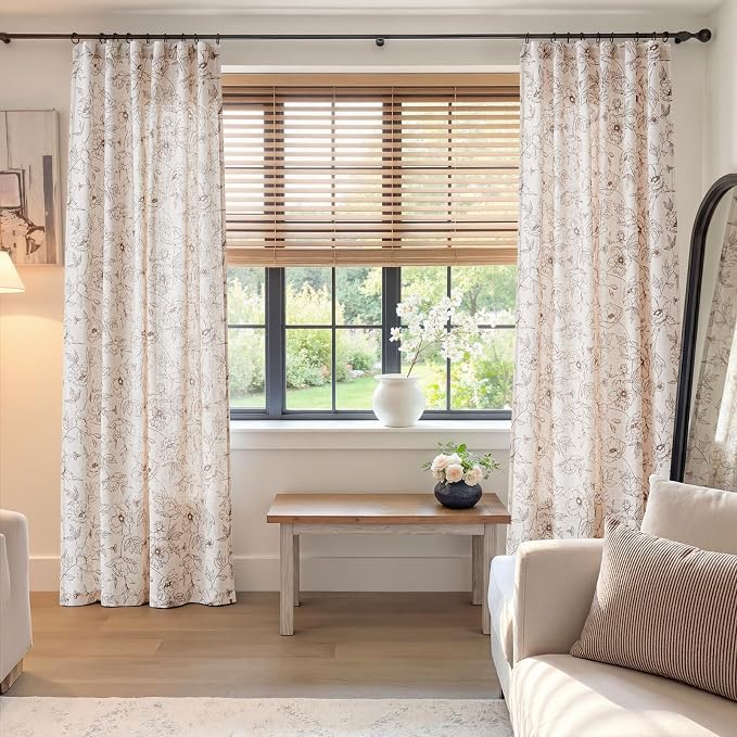 jinchan Floral Linen Curtains for Living Room 96 Inch Length Brown Flower Curtain Rod Pocket Back Tab Farmhouse Curtains with Printed Floral Bedroom Window Curtain Set, 2 Panels Brown