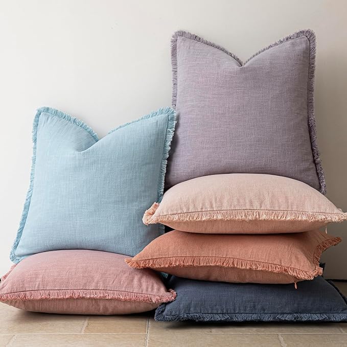 Foindtower Set of 2 Decorative Linen Fringe Lumbar Throw Pillow Covers Boho Farmhouse Cushion Cover with Tassels Soft Accent Pillowcase for Couch Sofa Bed Living Room Home Decor,12×20 Inch,Light Blue