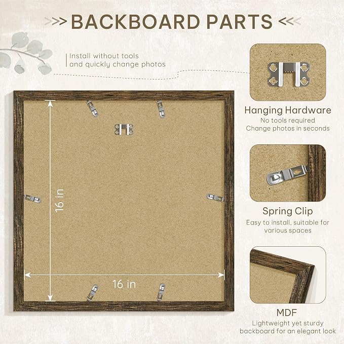 Picrit 16x16 Picture Frame 3 Pack, Wooden Brown Rustic Poster Frame, Display Poster 12 x 12 with Mat or 16 x 16 without Mat for Horizontal or Vertical Wall Mounting