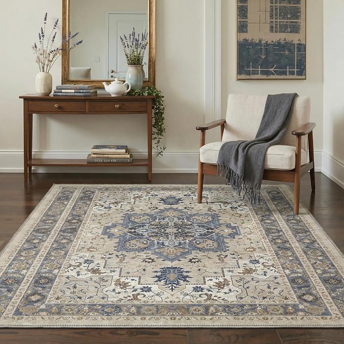 GENIMO 2x7 Runner Rugs for Hallway, Machine Washable Non Slip Vintage Rugs, Low Pile Lightweight Soft Print Carpet for enrtyway, Corridor, Home Office, Kitchen, Blue Cream