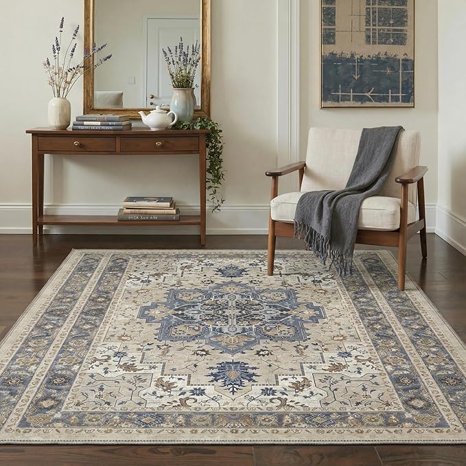 GENIMO Area Rug 2x3 Doormat, Machine Washable Low Pile Rugs, Small Retro Entryway Mat for Entrance, Hallway, Kitchen and Corridor, Blue Cream