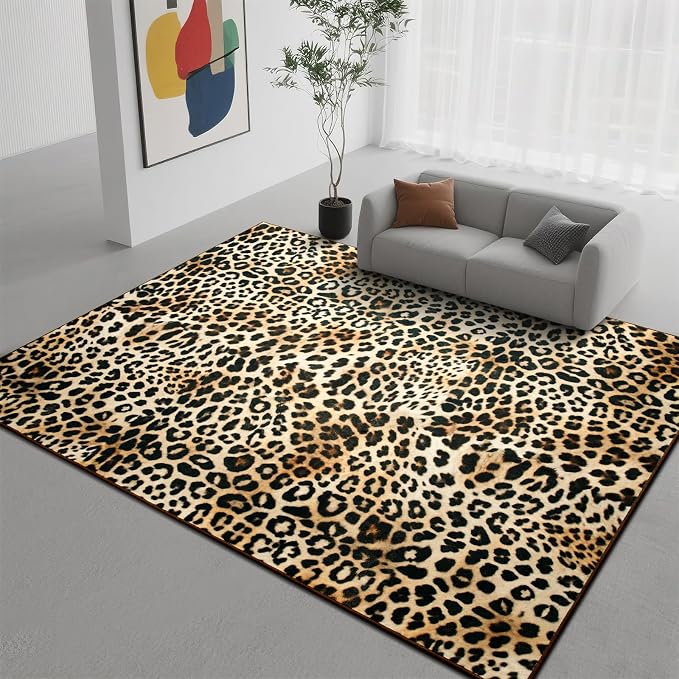 DweIke Leopard Print Rug for Living Room, Machine Washable 6x9 Cheetah Area Rugs for Bedroom, Non-Slip Low Pile Animal Hide Carpet with Rubber Backing for Dining Room Kitchen Home Decor,White Brown