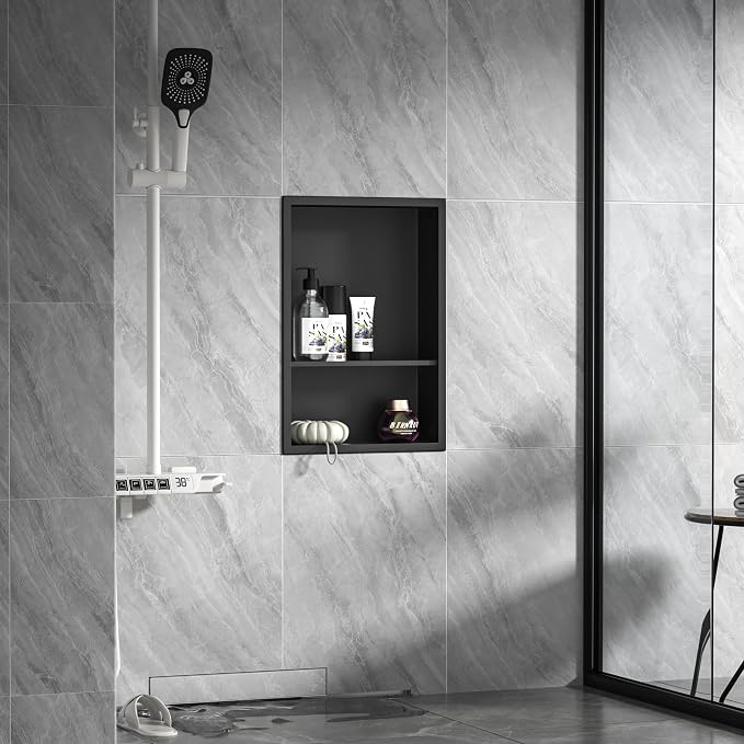 Stainless Steel Shower Niche 18" X 12" Matte Black No Tile Needed Niche for Shower Wall with Two-Tier Shelves Recessed Wall Niches for Bathroom Storage Over Mount Installation