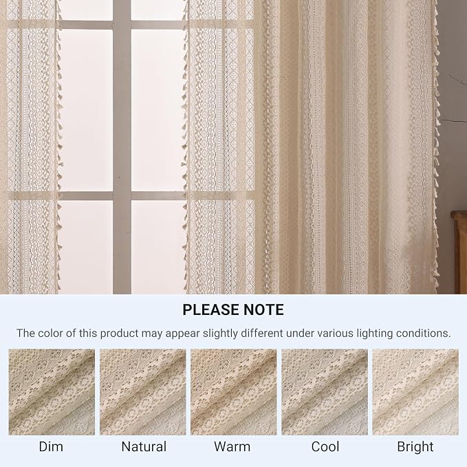 WAZZIO Boho Lace Curtains 54 Inches 2 Panel,Light Filtering Privacy Tassel & Geometry Crochet Semi Sheer Curtain Drapes for Bedroom Living Dining Room,Rod Pocket & Tassel,Vintage Farmhouse Decor,Beige