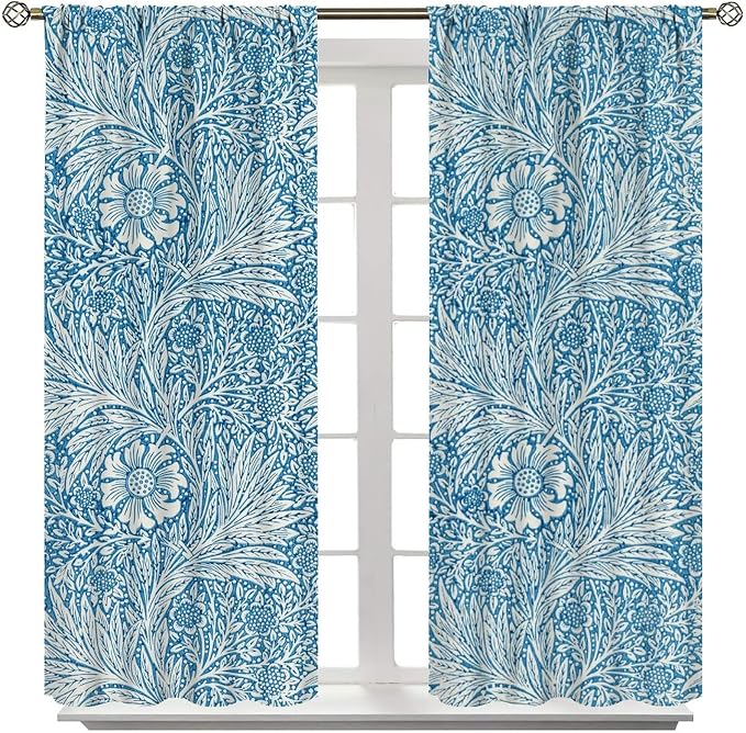Bohe Vintage Floral Blackout Windows Curtains, William Morris Original Design Blue Flower Pattern Rod Pocket Curtains, for Living Room Bedroom 36(W)*63(L) 2 Panels