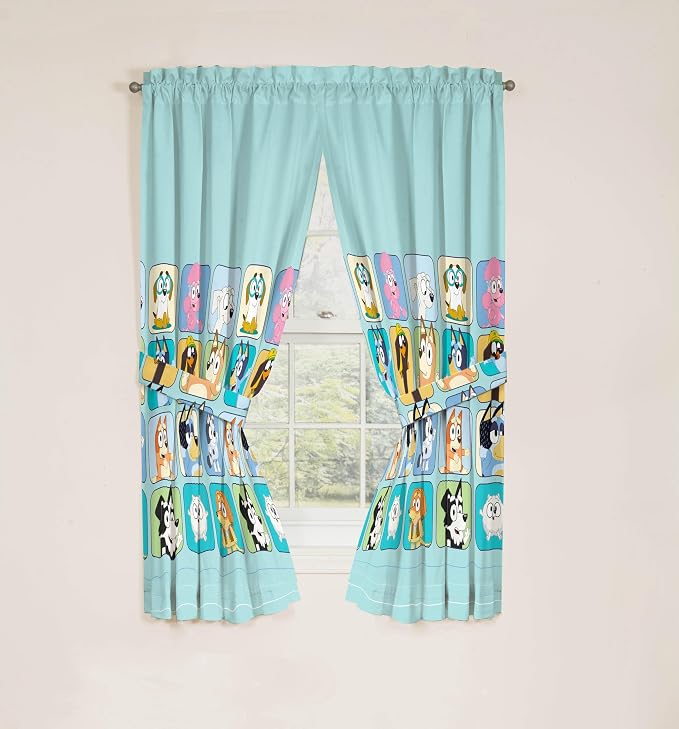 Sunny Side Up Window Curtains for Kids Bedroom 4-Piece Drape Set with 2 Tiebacks, Teal - Bluey, 42" W x 63" L (Pack of 2)