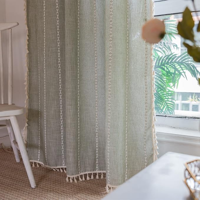 RoomTalks Sage Green Boho Farmhouse Curtains for Bedroom Living Room 84 Inch Length French Country Spring Cute Textured Window Curtain Panels Striped Bohemian Chic Tassel Draperies, 84’’L x 52’’W