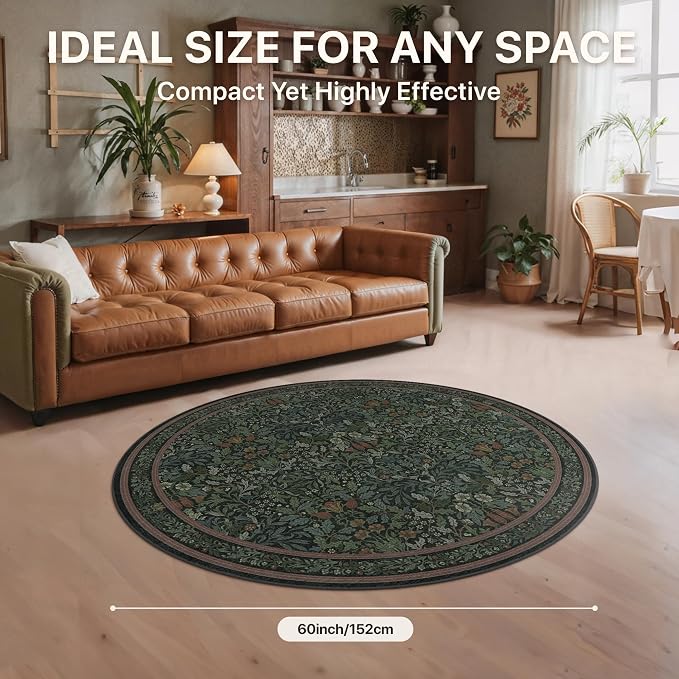 GENIMO 5 Ft Washable Round Rug for Bedroom, Non Slip, Dark Green | Vintage Boho Floral Low Pile Thin Circle Mat for Bedroom, Kitchen, Nursery, Dining Area