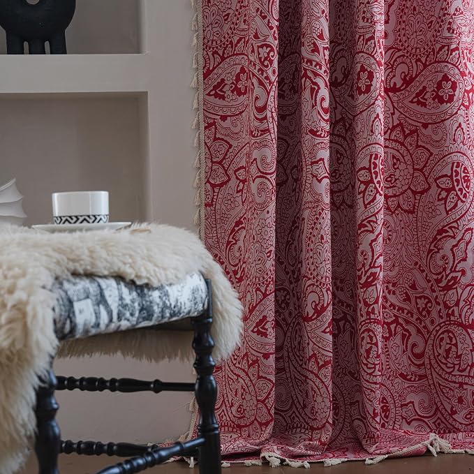 ENJOYBRIDAL Red Paisley 96 Inch Curtains for Bedroom Boho Drapes Semi Sheer Rod Pocket 2 Panels Long Window Curtain Panels for Living Room Farmhouse Jacquard Decorative Vintage Window Treatments