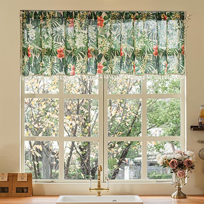 Deeprove Boho Valance Tropical Botanical Leaves Print Curtain 18 Inch Long, Green Monstera Plant Red Florals Kitchen Window Small Vintage Drape Tassels for Spring Summer Decor 1 Panel 52W x 18L