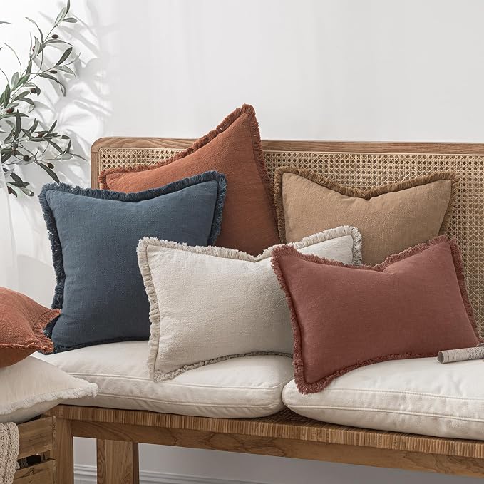 MIULEE Decorative Throw Pillow Covers Neutral Linen Fringe Throw Pillows Set of 2 Autumn Glaze Boho Farmhouse Cushion Covers with Tassels for Couch Sofa Bed Living Room Fall Decor 18x18 Inch