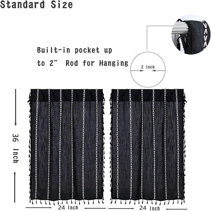 RoomTalks Black Boho Kitchen Curtains 36 Inch Length French Striped Modern Farmhouse Vintage Chic Gothic Moody Short Cafe Curtains for Small Window Kitchen Bathroom
