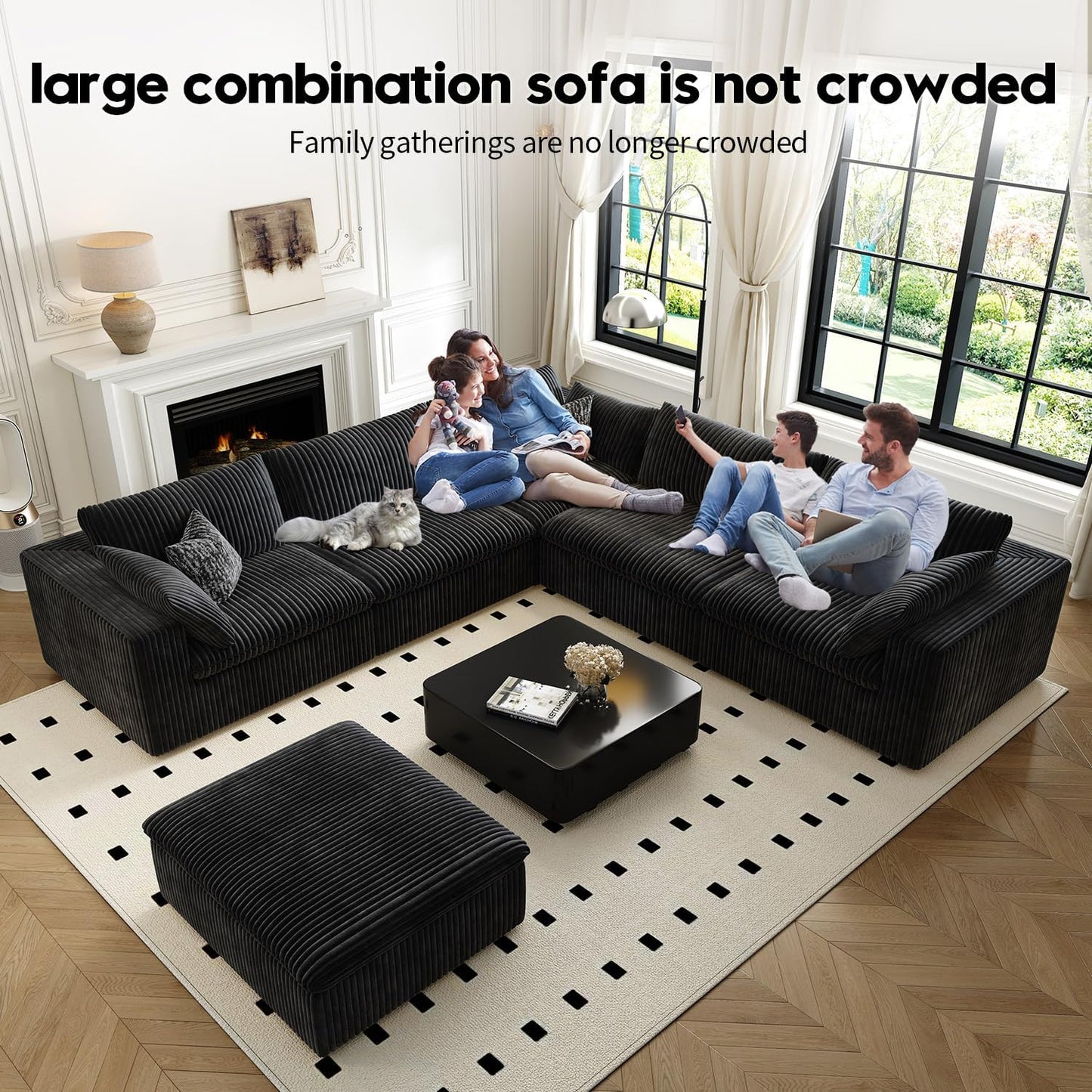 118" Cloud Couch Oversized Modular Sectional Sofa for Living Room,Modern Sofa with Deep Seat,6 Seater Boneless Couch,Comfy Upholstered Corduroy Couches for Apartment, Studio, Office,Bedroom,Black