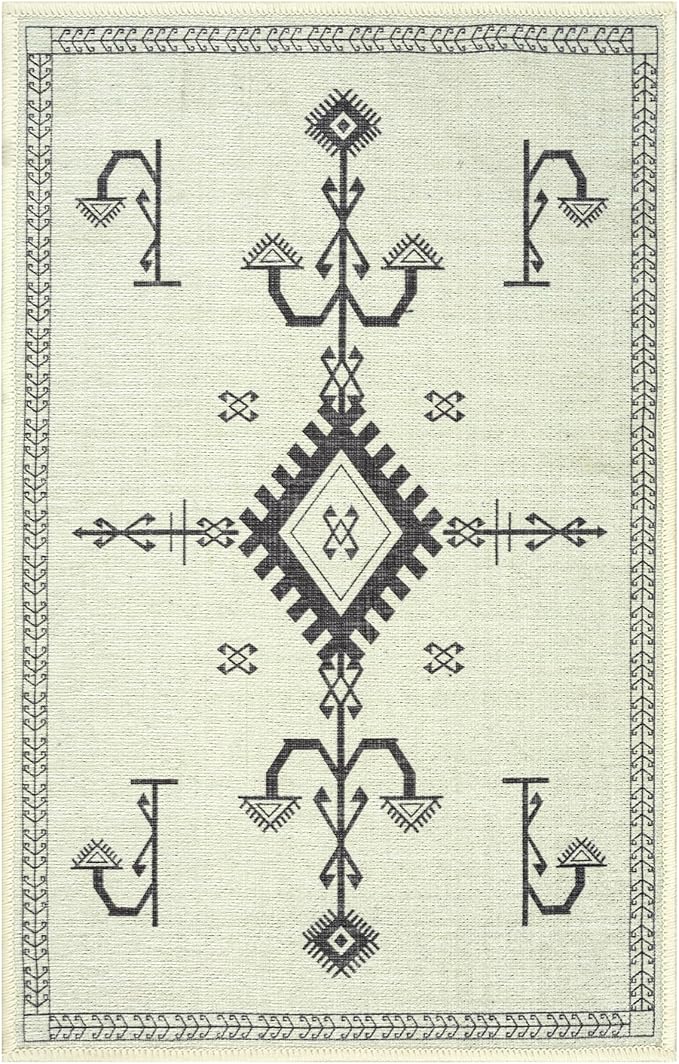 GLN Rugs Contemporary Collection - Machine Washable Area Rug, Contemporary Washable, Non Slip, Low Pile Chenille Rug, Living Room, Bedroom, Kitchen Rug (2' x 3' Cream/Anthracite)