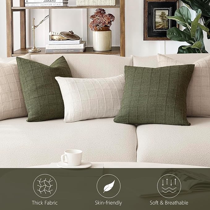 Foindtower Set of 2 Decorative Linen Check Throw Pillow Covers Neutral Farmhouse Vintage Cushion Covers Modern Boho Home Decor for Sofa Chair Couch Bedroom Living Room,16×16 Inch,Olive Green