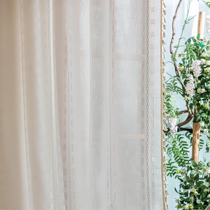 Ivory White Boho Semi Sheer Curtains 63 inch Length 2 Panel Set for Bedroom & Farmhouse, Bohemian Light Filtering Privacy Drapes Tassels Shabby Chic Embroidery Window Curtains Back Tab & Rod pocket