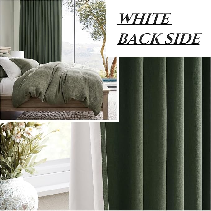 Dark Olive Green Pleated Curtains 92 Inches Long, Blackout Spring Curtain for Living Room Cooling Heat Reflective Linen Look Vintage Drapes for Bedroom Back Tab&Pin Hooks (Loden,2Panels W50 xL92)