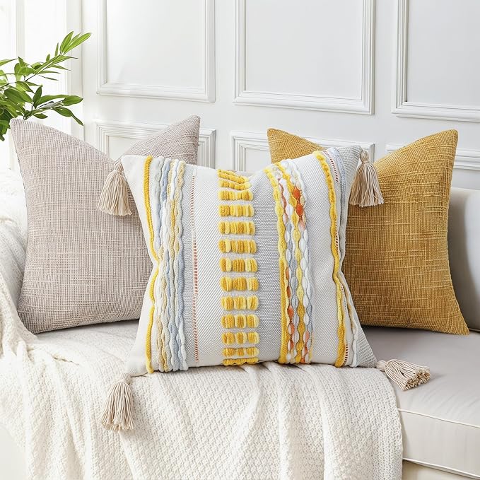 NUYECY Boho Throw Pillow Covers 18x18 Aesthetic Neutral Boucle Couch Pillow Cover Rainbow Striped Decorative Accent Pillow Case for Couch Bed Sofa Farmhouse,Modern Funky,Set of 2 Yellow-Grey