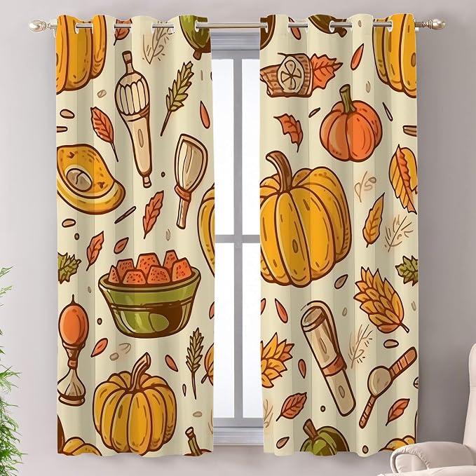 Shrahala Thanksgiving Seamless Pattern Thermal Insulated Blackout Window Curtains, Pumpkin Apple Pear Leaves Long Drapes for Bedroom/Living Room with Plastic Grommet, 52X63 Set of 2