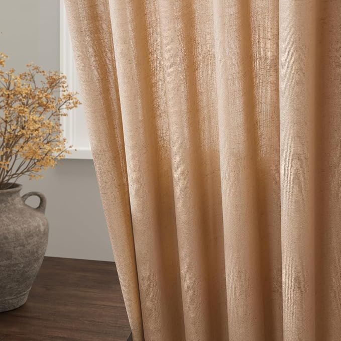 Nanspring Camel Linen Curtains for Living Room 105 Inches Long Back Tab and Rod Pocket Light Filtering Semi Sheer Vintage Rustic Curtain Luxury Boho Decor Drapes for Bedroom Office 52x105, 2 Panels