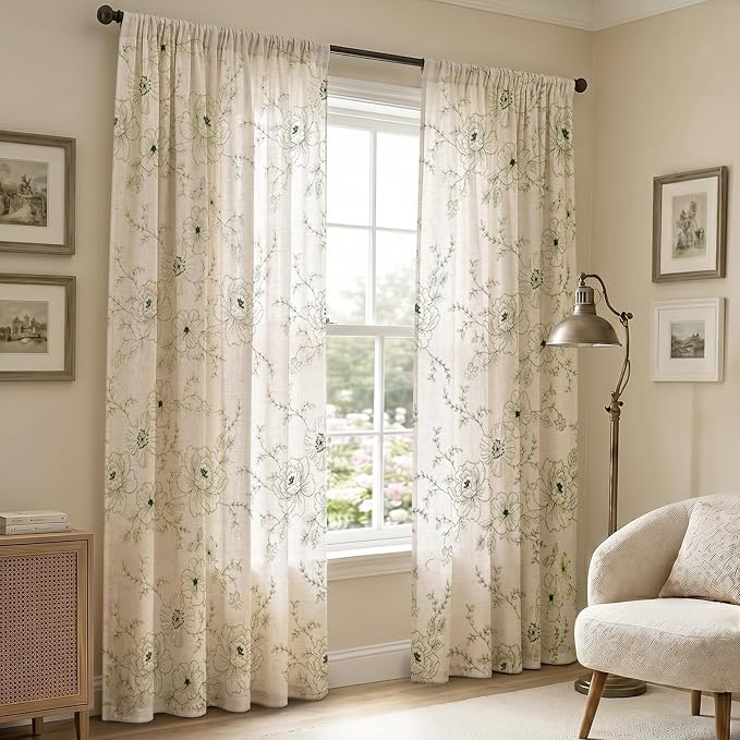 Boho Floral Curtains, Vintage Farmhouse Curtains 84 Inches Long, Green Cottage Core Flower 2 Panels