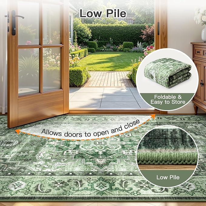 Lofus 5x7 Washable Rugs Non-Slip, Vintage Floral Area Rug for Living Room Bedroom Dining Room Kitchen, Low Pile Distress Print Medallion Carpet Home Decor Rug, Floral Sage Green