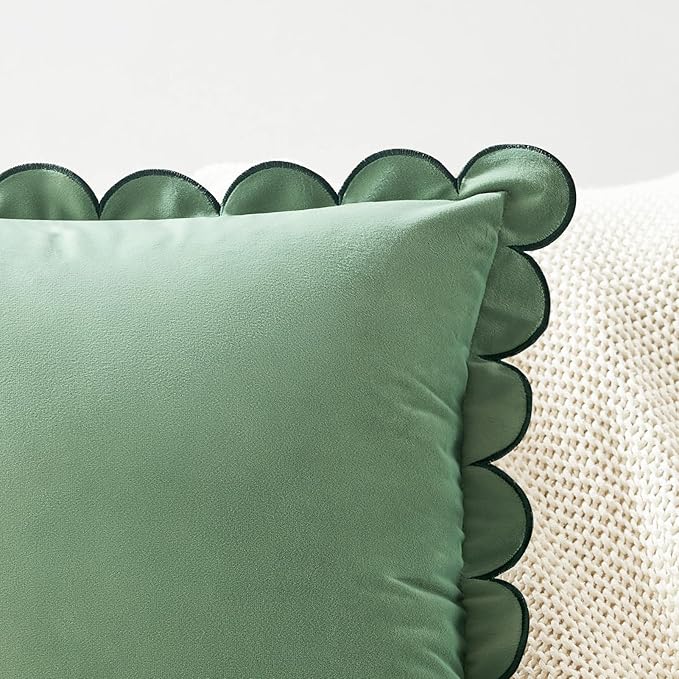 MONDAY MOOSE Decorative Throw Pillow Covers Cushion Cases, Set of 2 Soft Velvet Scalloped Round Edge Designs, Mix and Match for Home Decor, Pillow Inserts Not Included (16x16 inch, Green/Light Green)