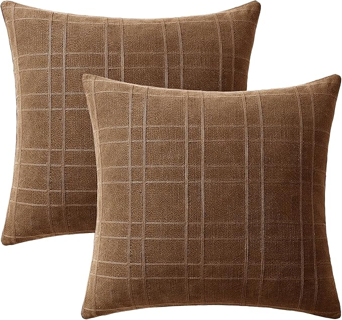 MIULEE Decorative Linen Check Throw Pillow Covers Neutral Farmhouse Vintage Pillow Covers 20x20 Set of 2 Boho Modern Winter Home Decor for Sofa Couch Bedroom Cushion Camel Brown
