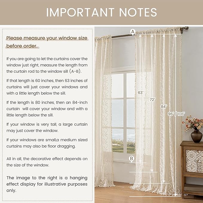 WAZZIO Boho Lace Curtains 2 Panels 63 Inches -Cute Vintage Victorian Sheer Panel Drape French Country Floral Pattern & Tassel Light Filtering Privacy for Bedroom Dining Living Room,Beige,W52x L63