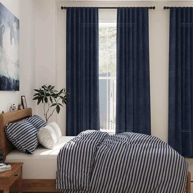 Navy Blue Linen Blend Drapes 84 Inch Length 2 Panels Set Back Tab Rod Pocket Light Filtering Semi Sheer Textured Indigo Blue Curtains Boho Farmhouse Decor Curtains for Living Room Bedroom 40x84