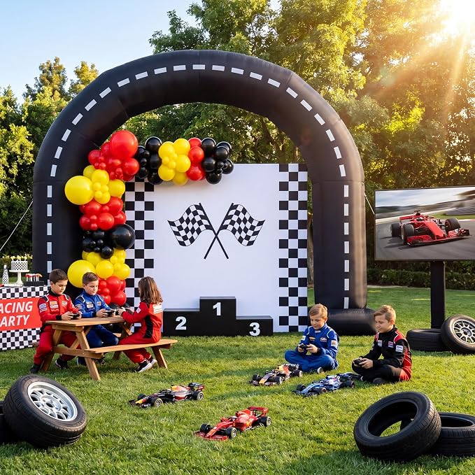 Seenelling 9 Ft Race Car Party Inflatable Archway, Blow Up Racetrack Arch with Built-in LED Lights Racing Themed Decoration for Birthday Party Lawn Yard Decor