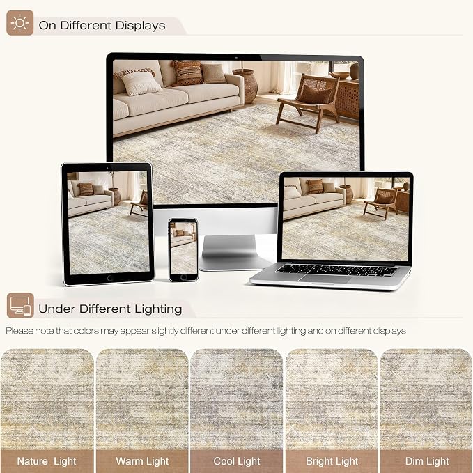 cotiled Washable Area Rugs 10x12 Living Room | Non Slip Backing, Stain Resistant, Pet Friendly, Large Neutral Soft Indoor Carpet For Bedroom, Nursery, Office, Gold/Brown