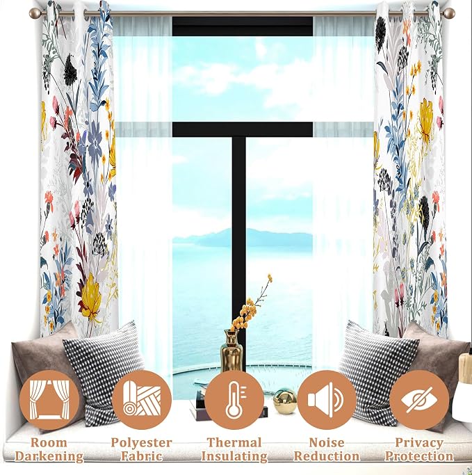Renaiss Botanical Plants Blackout Curtains, Wild Flowers Plants Print Thermal Insulated Bedroom Window Curtains, Boho Floral Window Drapes for Living Room, 96" L x 53" W 2 Panel Set
